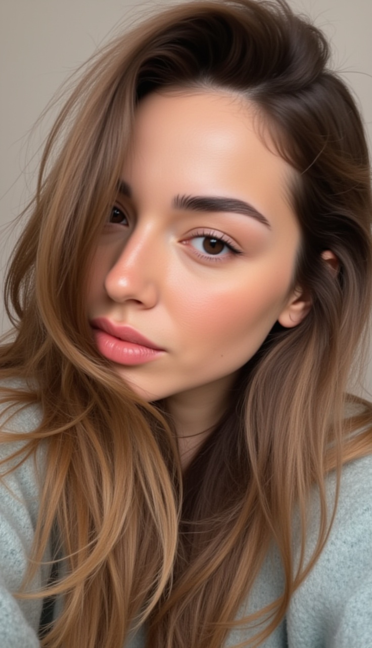 Merbeey, selfiestyle, at home, close-up, three-quarter view, head tilted right, hair flowing