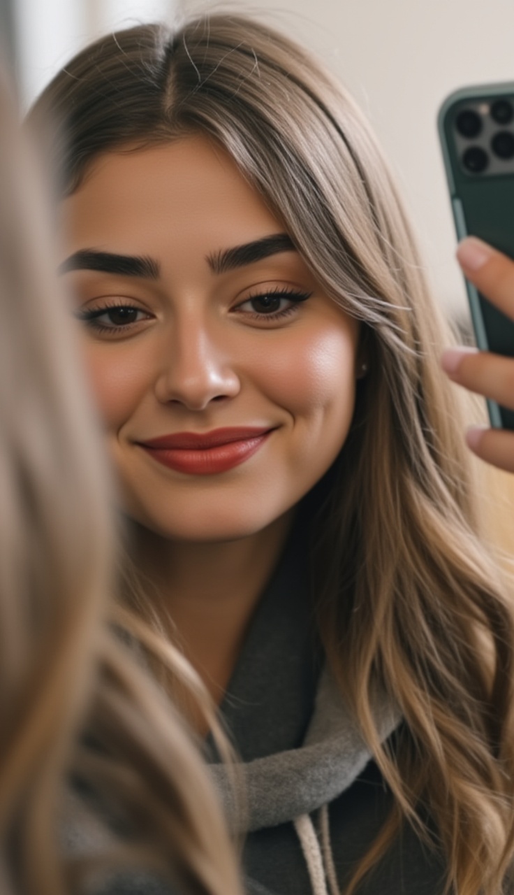 Melehat, selfiestyle, at home, close-up, three-quarter view, head tilted right, hair flowing