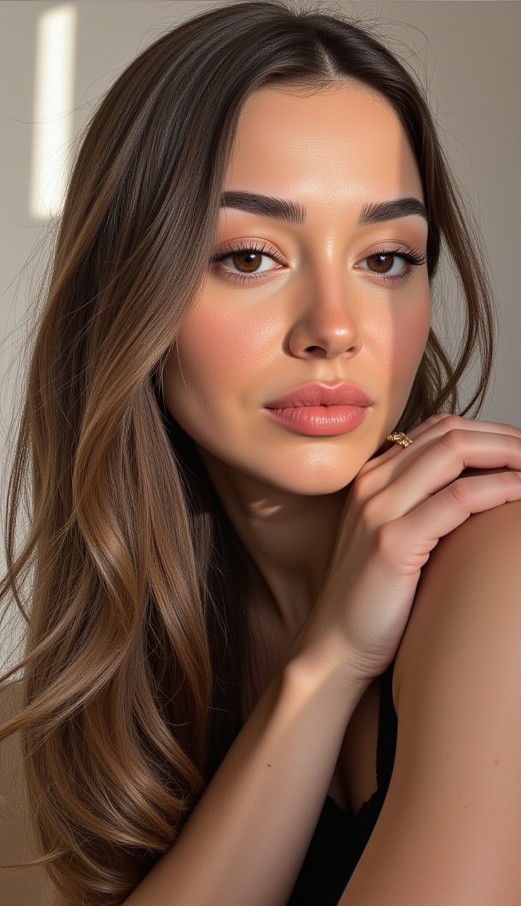 Melehat, selfiestyle, at home, close-up, three-quarter view, head tilted right, hair flowing