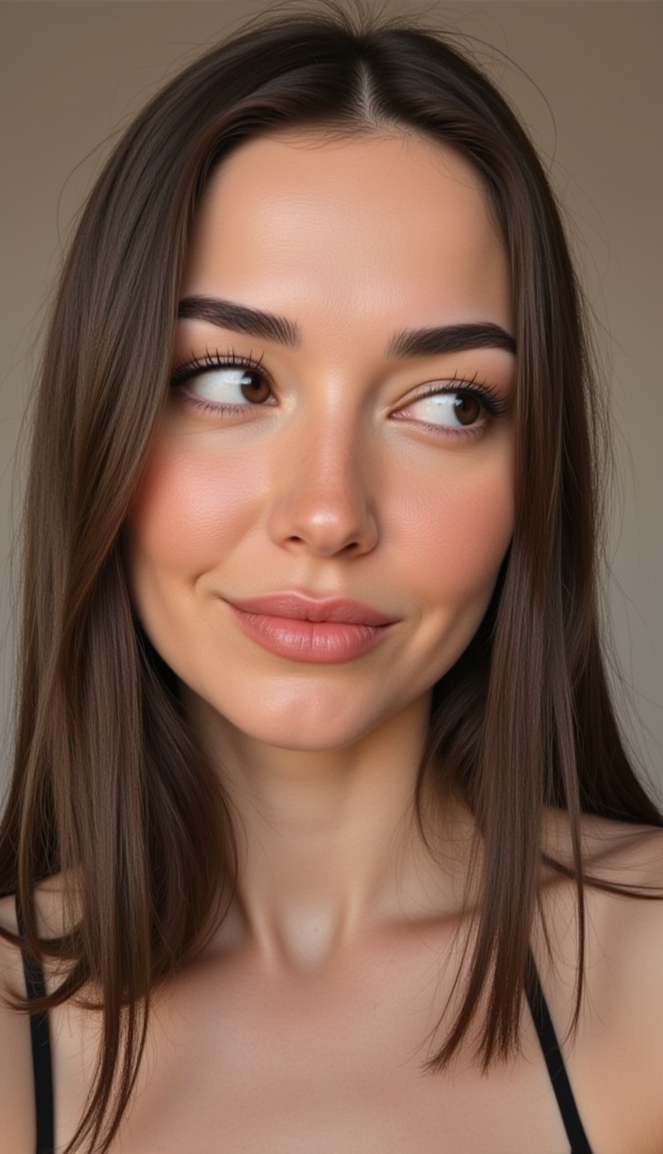 selfiestyle, at home, close-up, three-quarter view, head tilted right, looking away