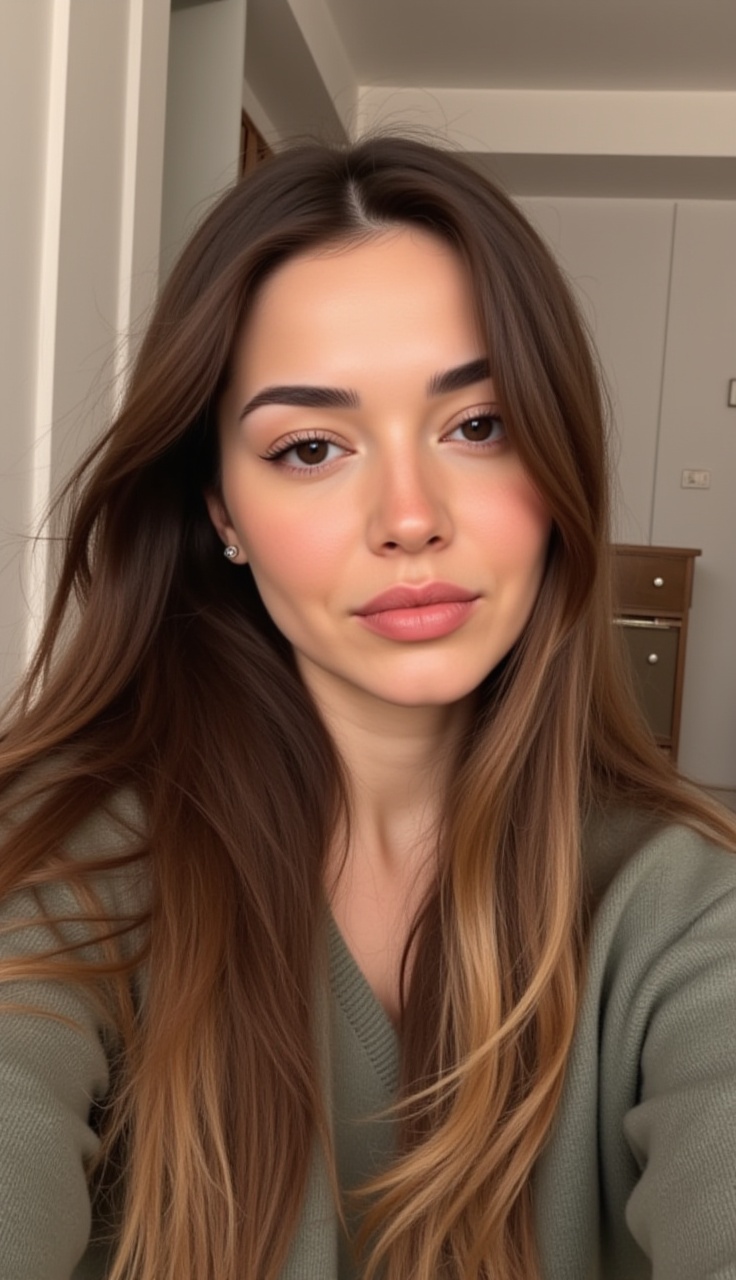 selfiestyle, at home, close-up, three-quarter view, head tilted right, hair flowing