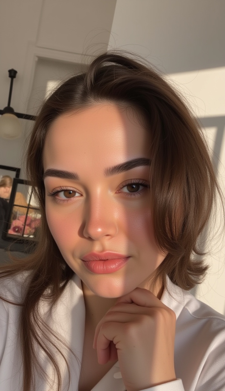 Merbeyy, selfiestyle, at home, close-up, three-quarter view, head tilted right, hair flowing