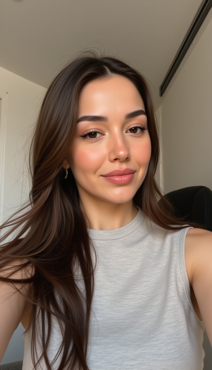Merbeyy, selfiestyle, at home, close-up, three-quarter view, head tilted right, hair flowing