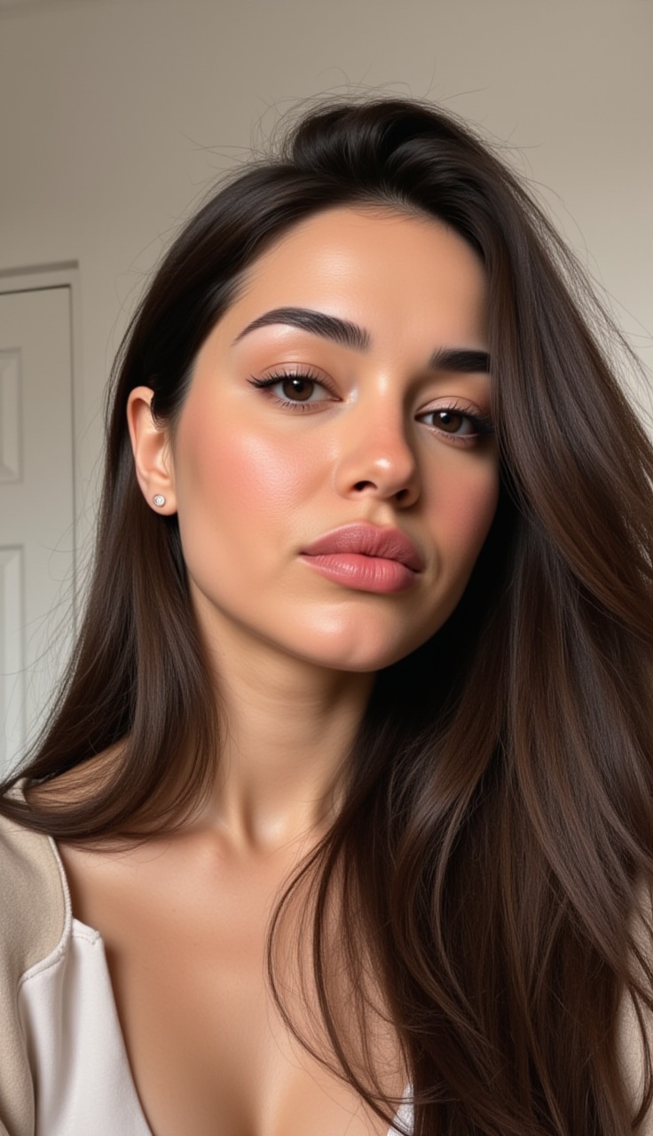 Merbeyy, selfiestyle, at home, close-up, three-quarter view, head tilted right, hair flowing
